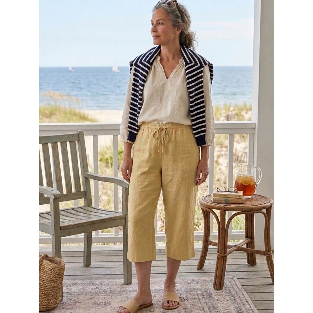 Lauren Ralph Lauren Linen Blend Wide Leg Drawstring Crop Pants Sand XL Coastal